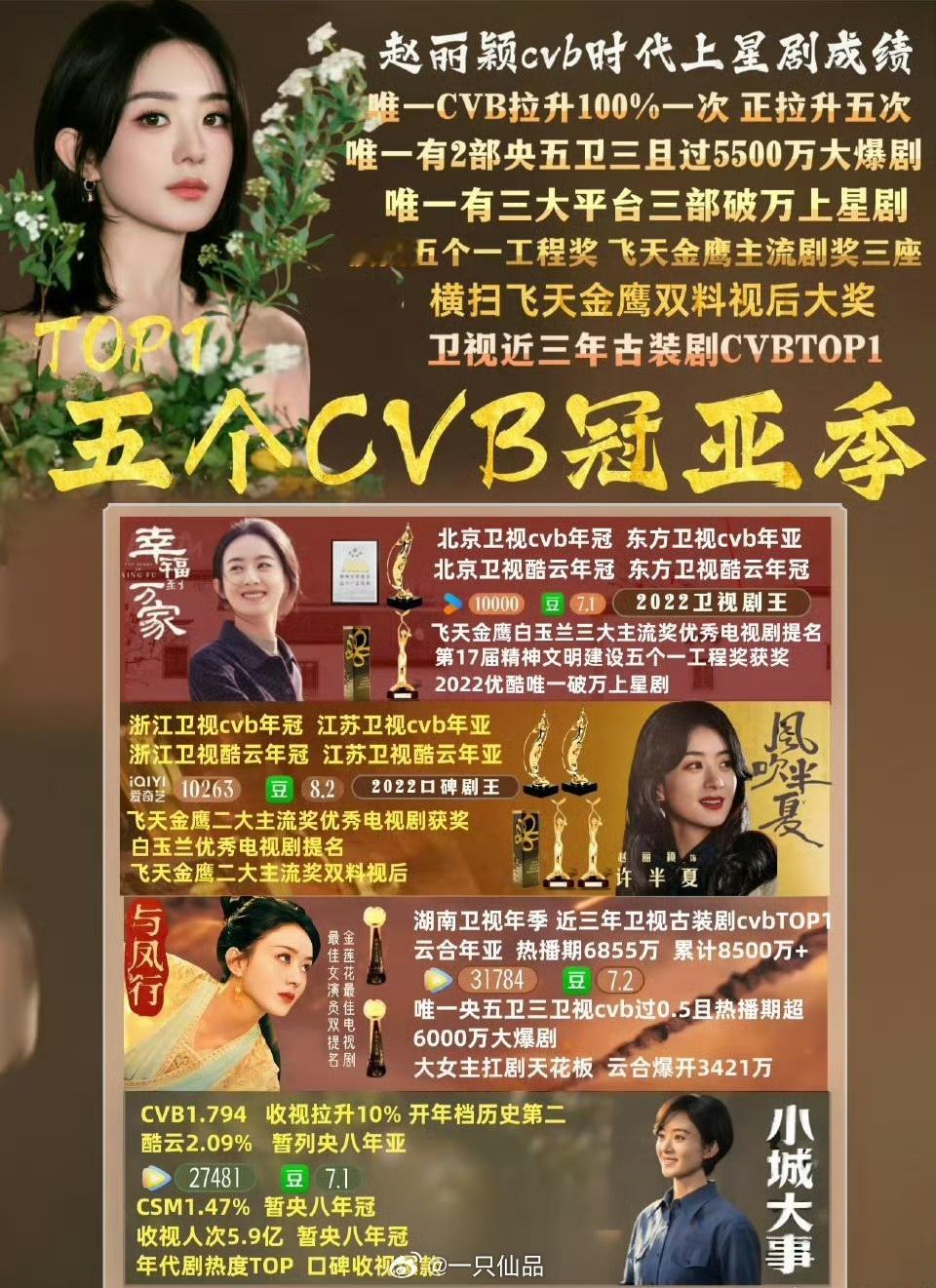 看看吧，赵丽颖都牛成啥了，密密麻麻的成绩和奖项全方位无短板，不限题材不限平台，就