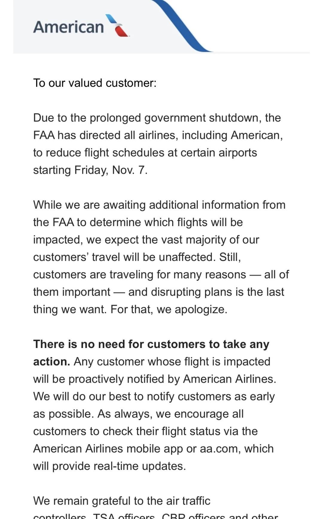 航空公司通知周五开始要削减航班了
美国联邦航空管理局（FAA）已要求包括美国航空