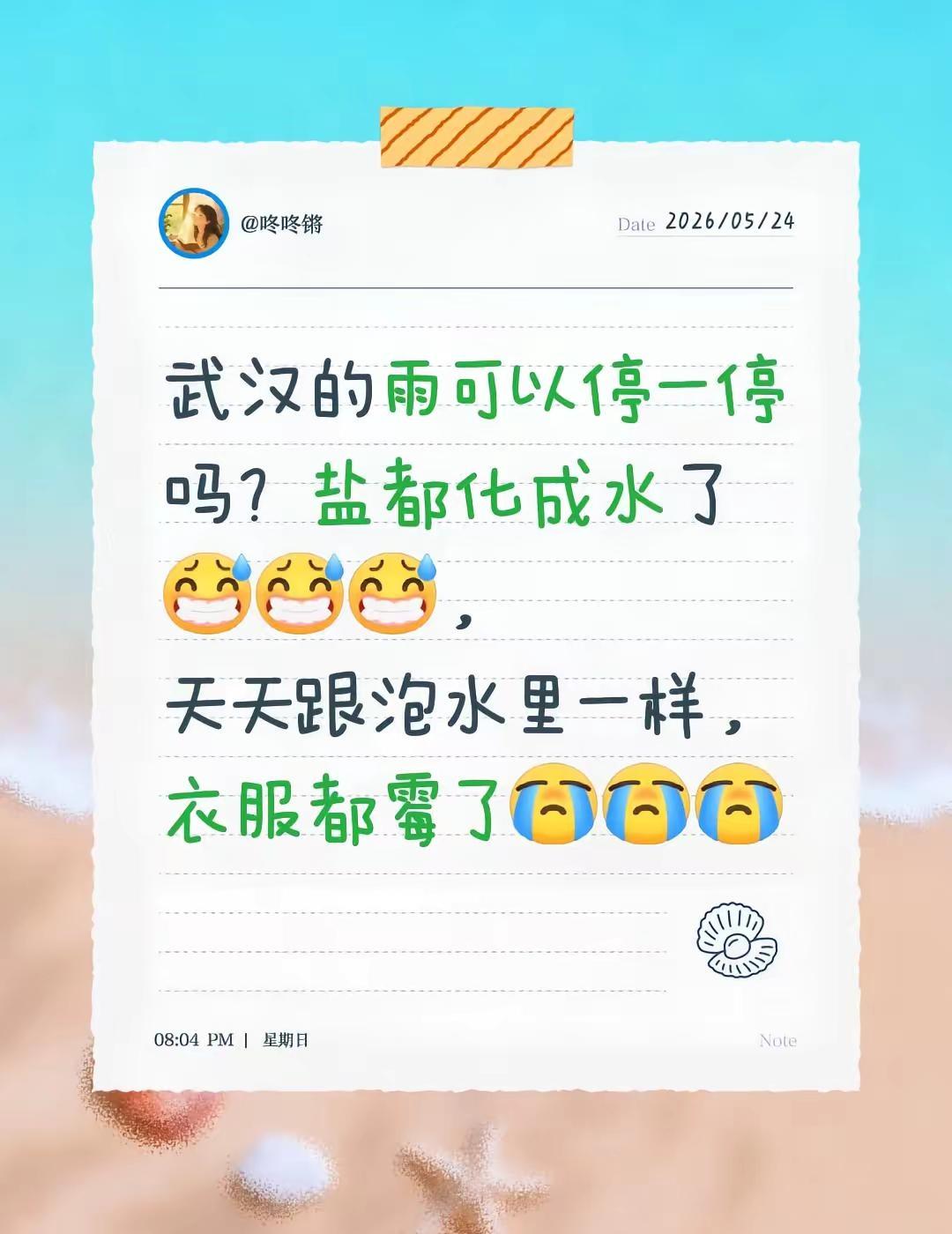 武汉梅雨季，发霉了。武汉的雨可以停一停吗？盐都化成水了，天天跟泡水里一样，衣服都