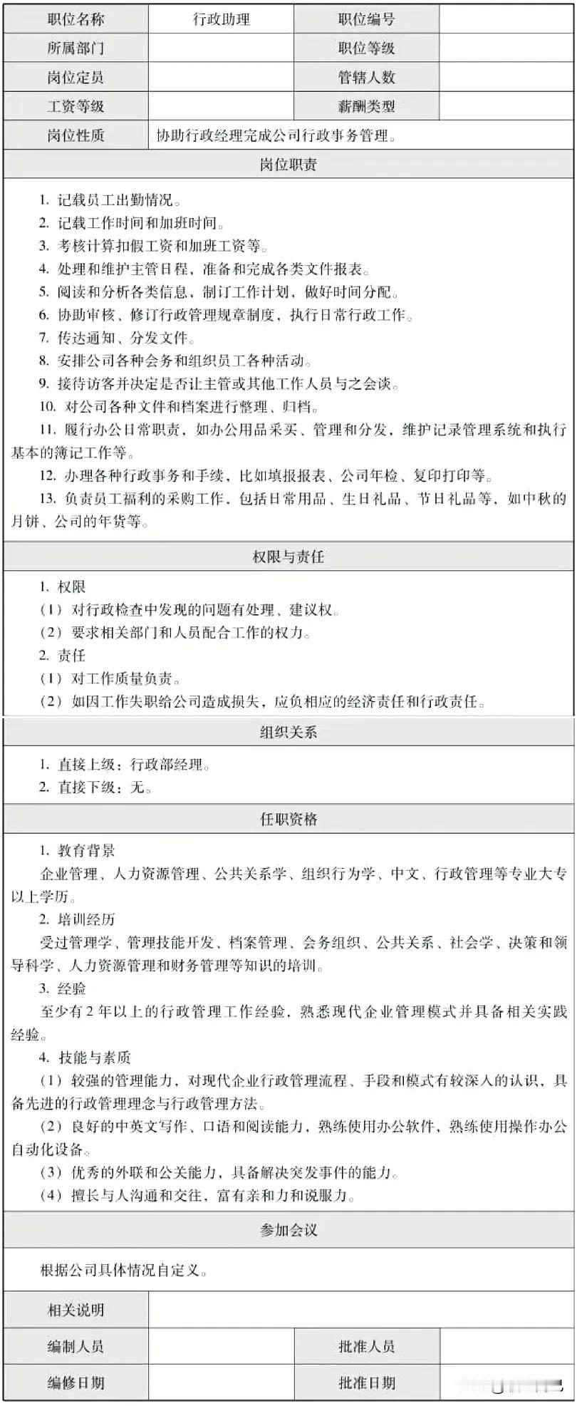 行政助理岗位说明书