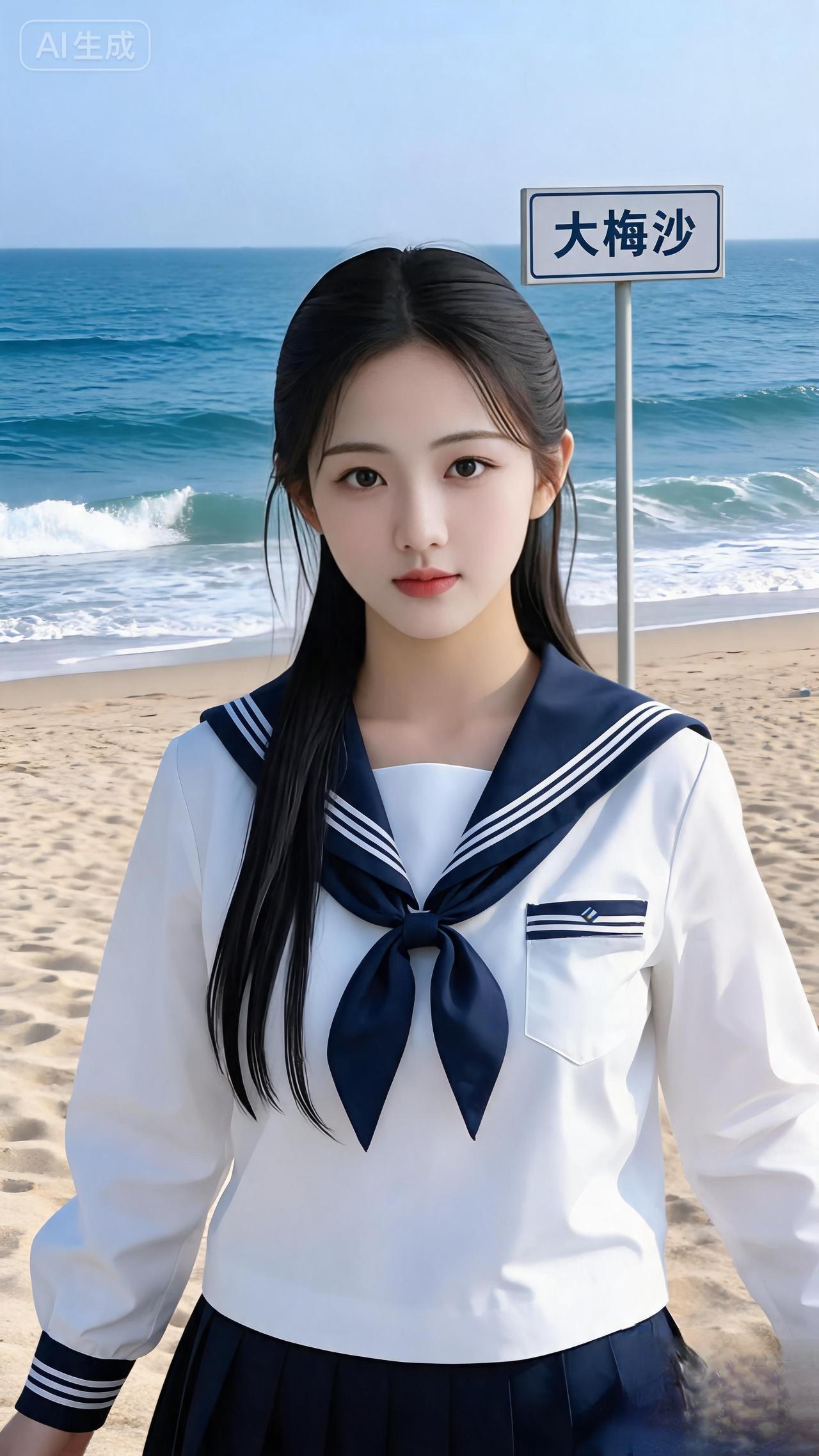 这姑娘在海边的沙滩上穿着水手服。