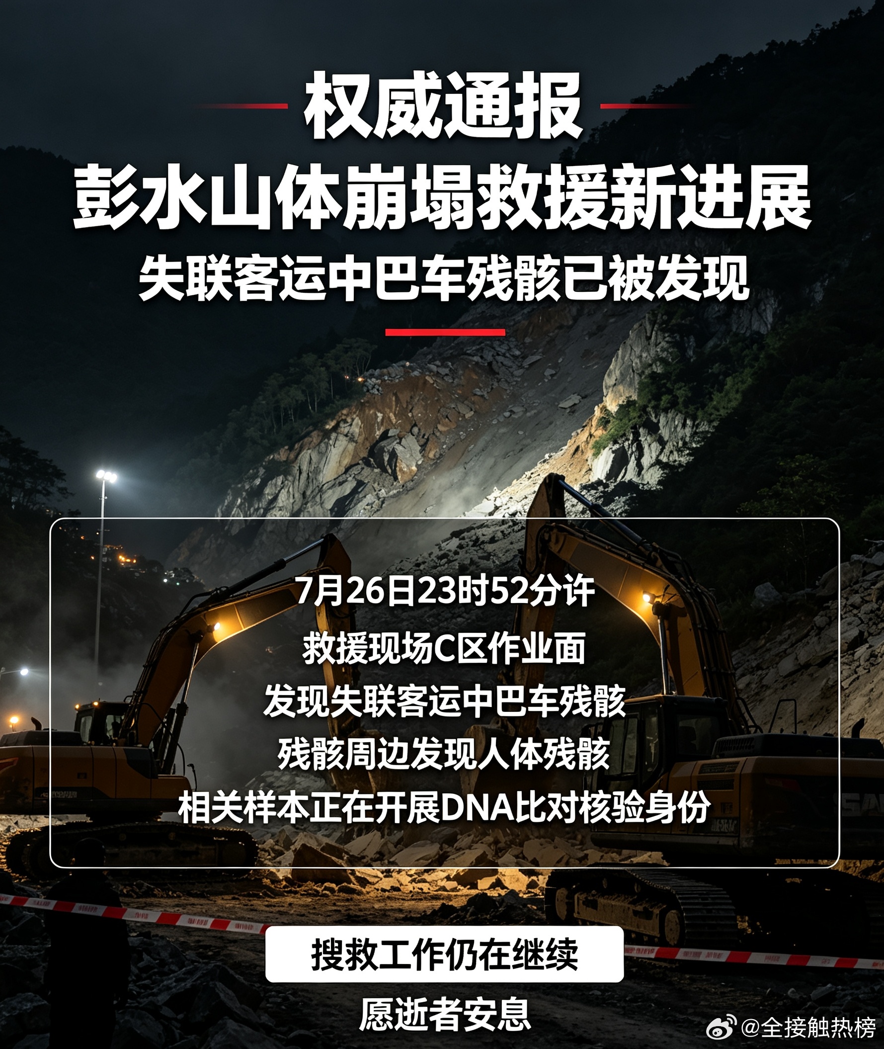 重庆山体崩塌现场发现人体残骸最新消息，7月26日23点52分，彭水山体崩塌救援C
