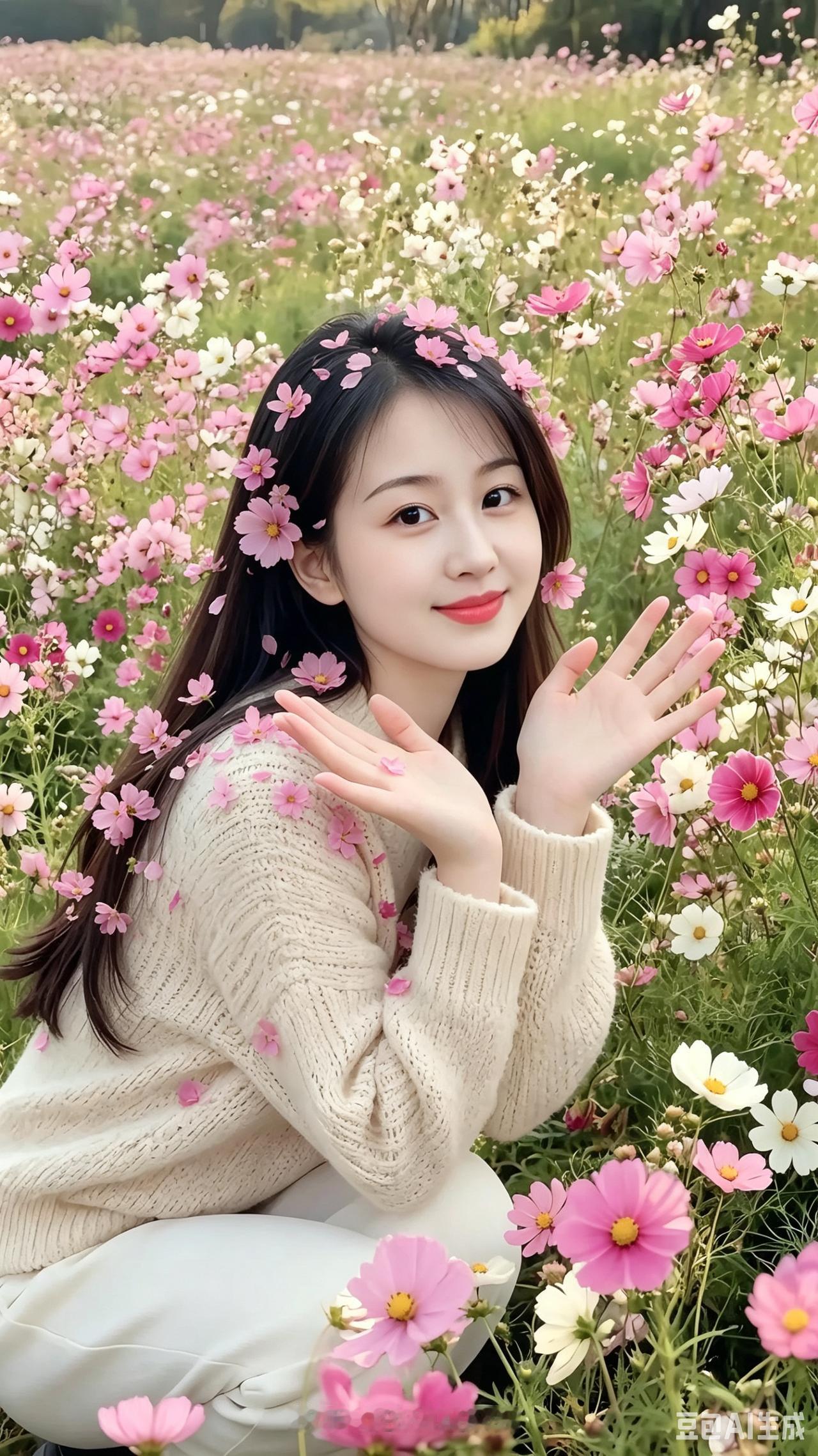 花海佳人
格桑遍野沐晴晖，
丽影娉婷倚锦帏。
粉蕊簪头添秀媚，
柔花绕肩逸清微。