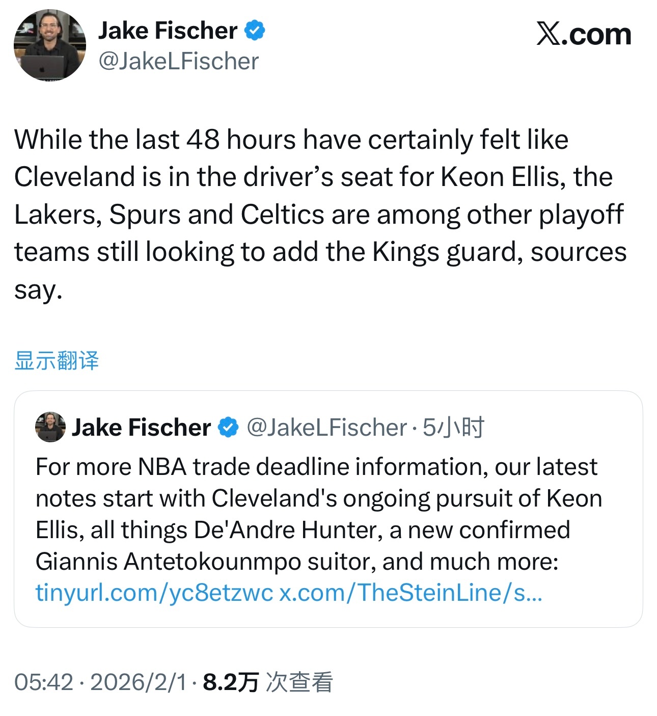 Jake Fischer：尽管过去48小时里，骑士队看起来在争夺基昂·埃利斯的竞