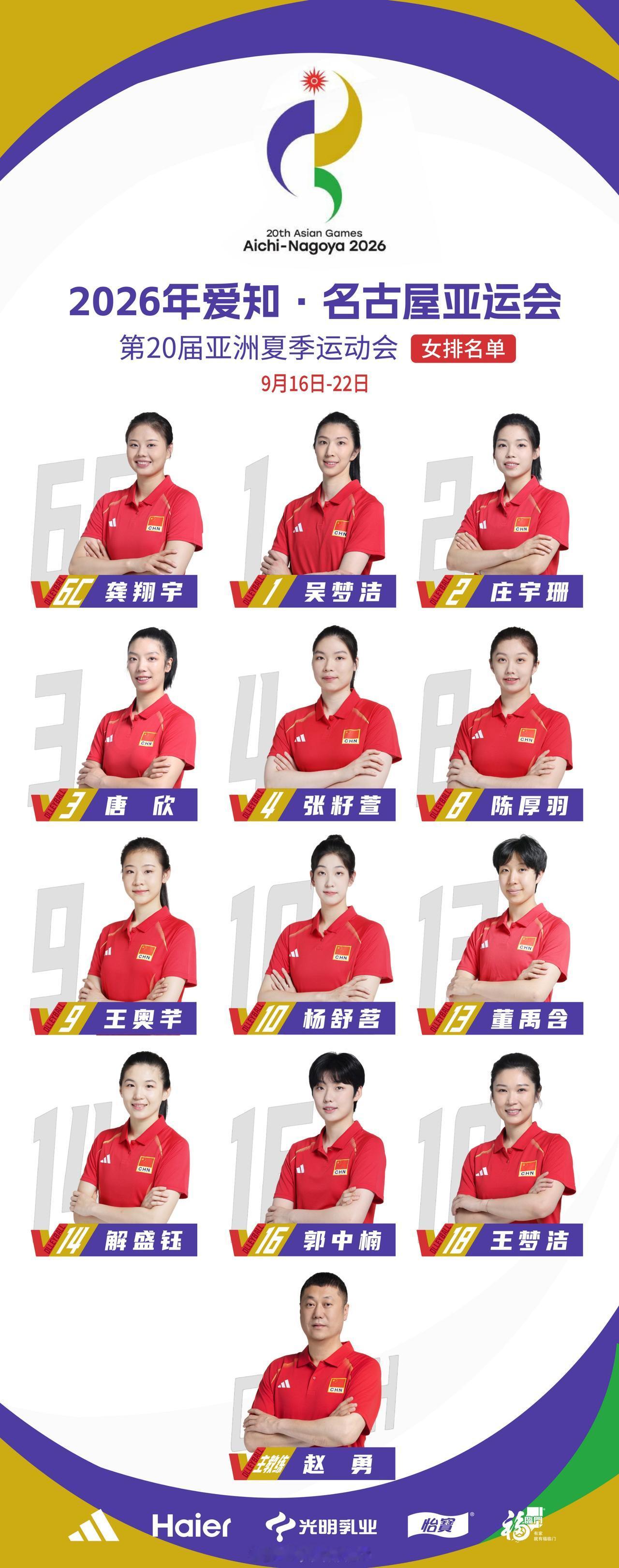 【中国女排亚运会名单微调】
中国排协公布了终极版亚运会名单
跟亚排联之前的名单对