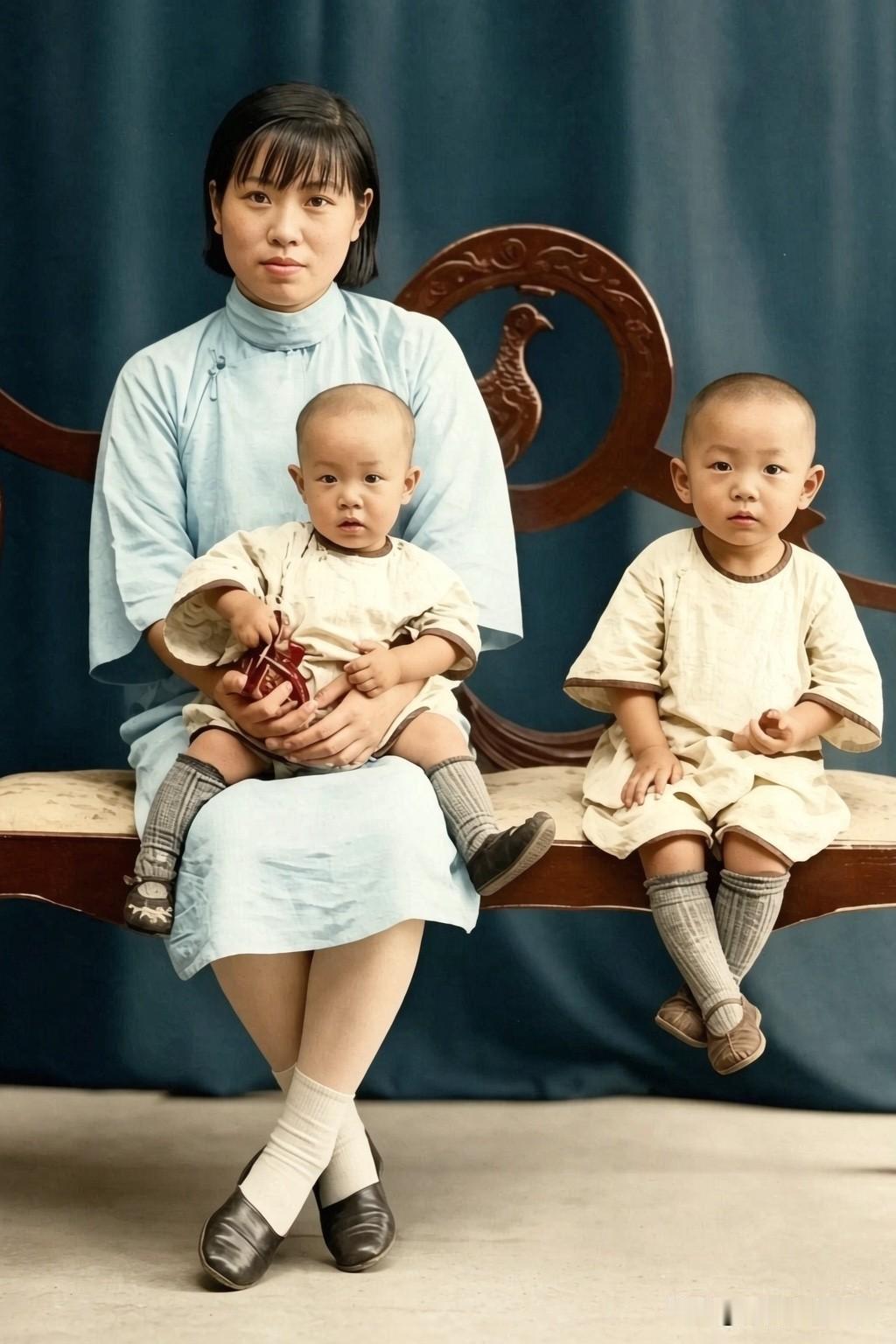 1931年，袁隆平的母亲华静与周岁的袁隆平及哥哥袁隆津，在北平照相馆的一张十分珍