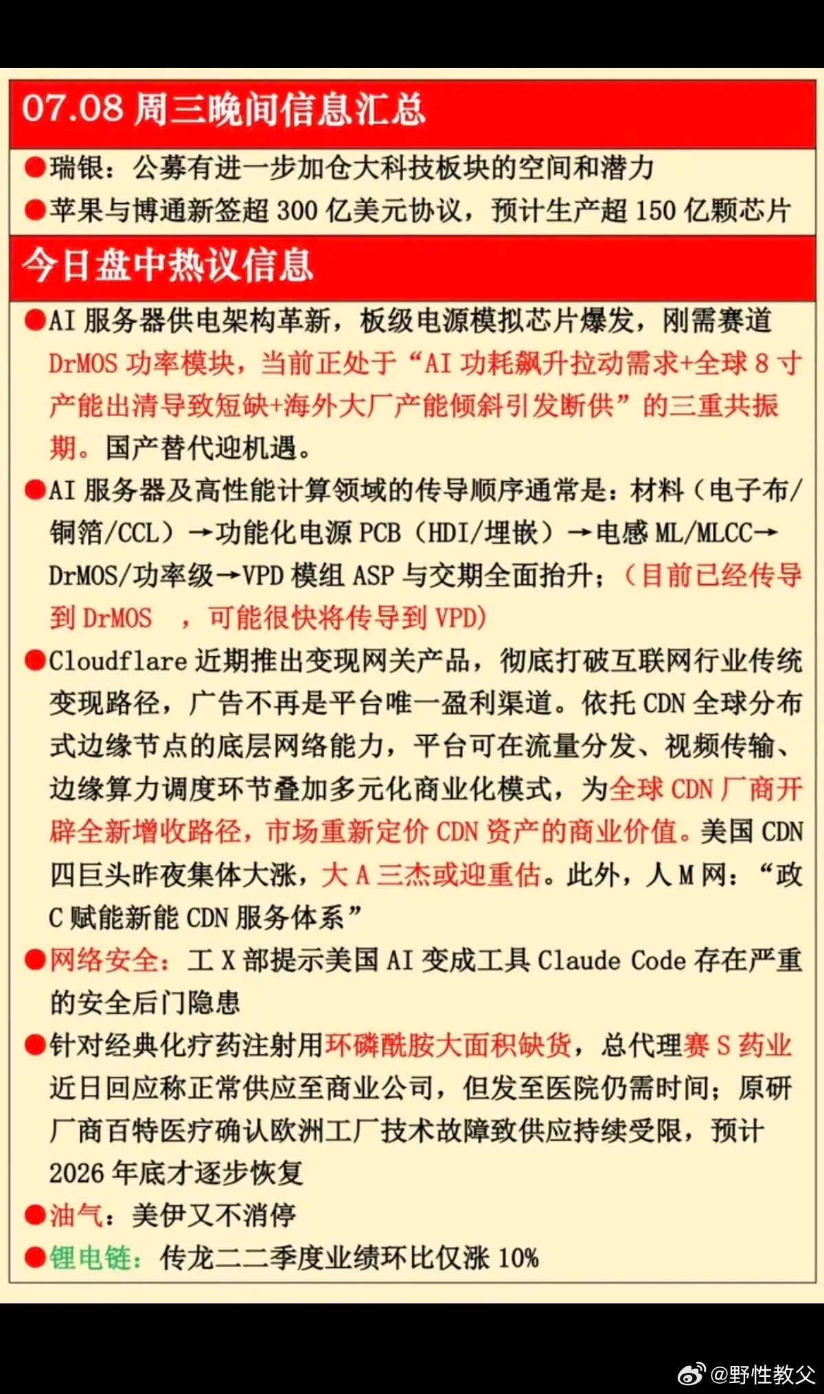 7.08周三  晚间财经信息汇总！1.功率模块，AI服务器2.网络安全3.环磷烯