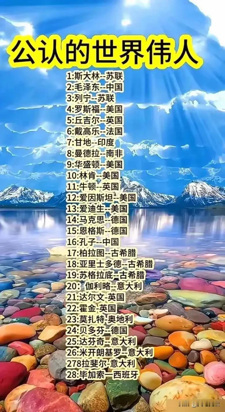 公认的世界伟人

美国：华盛顿、林肯、罗斯福、爱迪生、爱因斯坦。
英国：丘吉尔、