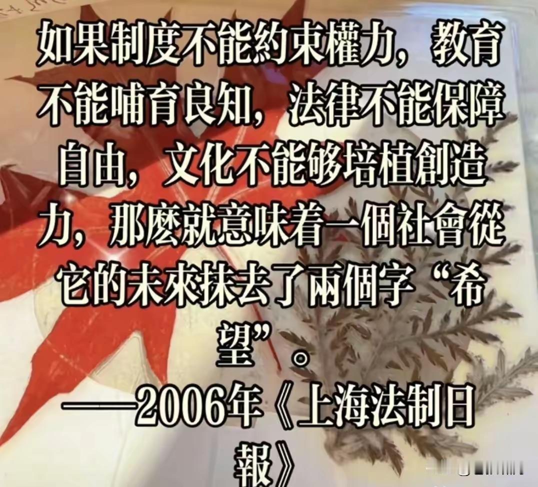 如果制度不能约束权力，教育不能哺育良知，法律不能保障自由，文化不能培植创造力，那