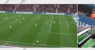 再看凯恩被吹掉的进球，三个不同角度的镜头，均可看出凯恩在封堵对方门将大脚球时，手