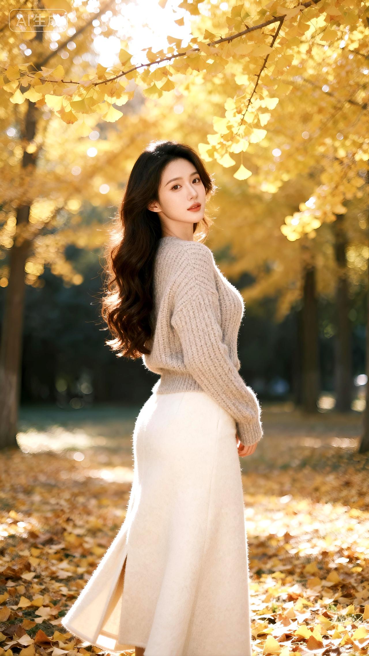 秋阳筛金叶，微风拂过，她拾起一捧斑驳的光阴。
壁纸 写真 秋日落叶季 秋凉落叶