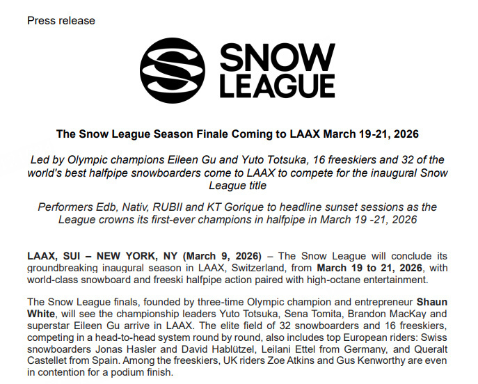 谷爱凌将出战雪盟莱克斯站雪盟联赛官网公布：奥运冠军谷爱凌将出战2026雪盟联赛莱