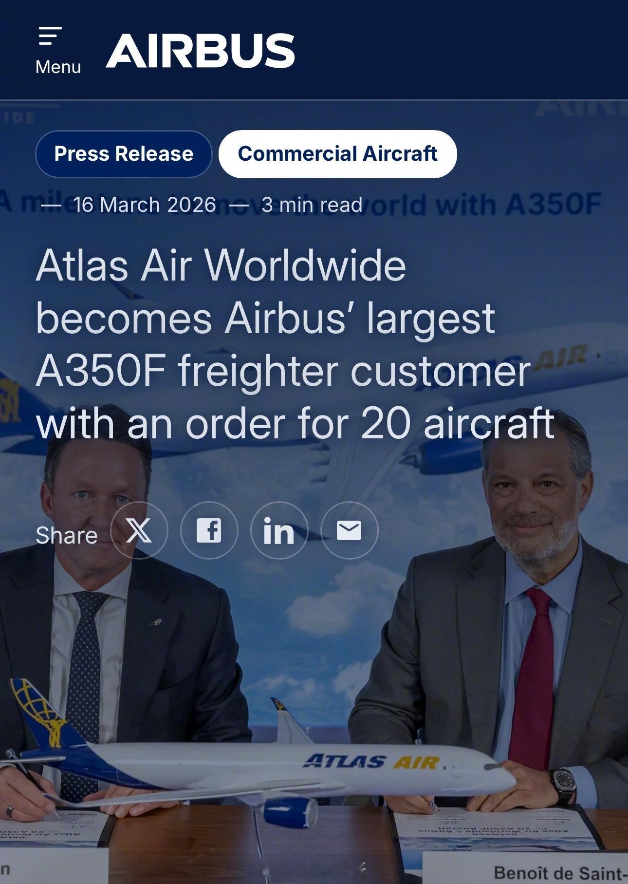 【爱来自美国！❤️A350货机收获美国超级大单】美国阿特拉斯航空官宣订购20架空