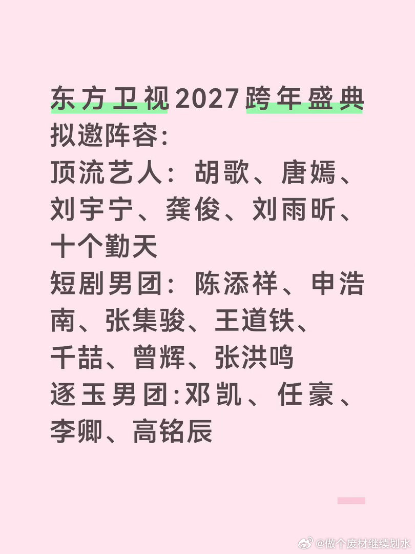 东方卫视2027跨年盛典拟邀阵容：顶流艺人：胡歌、唐嫣、刘宇宁、龚俊、刘雨昕、十
