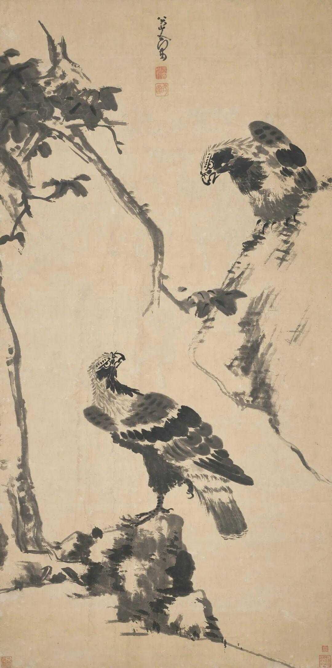 八大山人《双鹰图》，水墨纸本 立轴，183 x 91.5 cm。双鹰立于高低两块