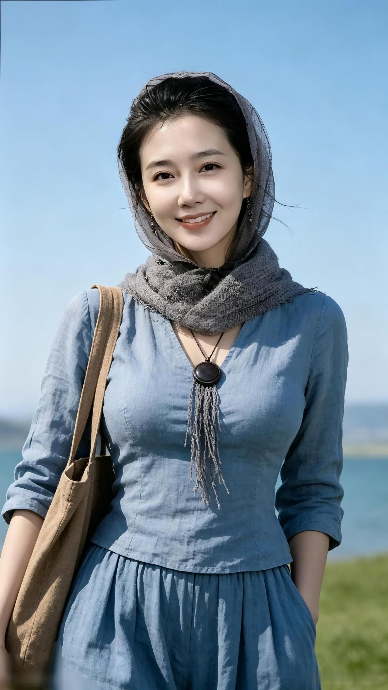 海边漫步，清新蓝裙，阳光下的美好时光