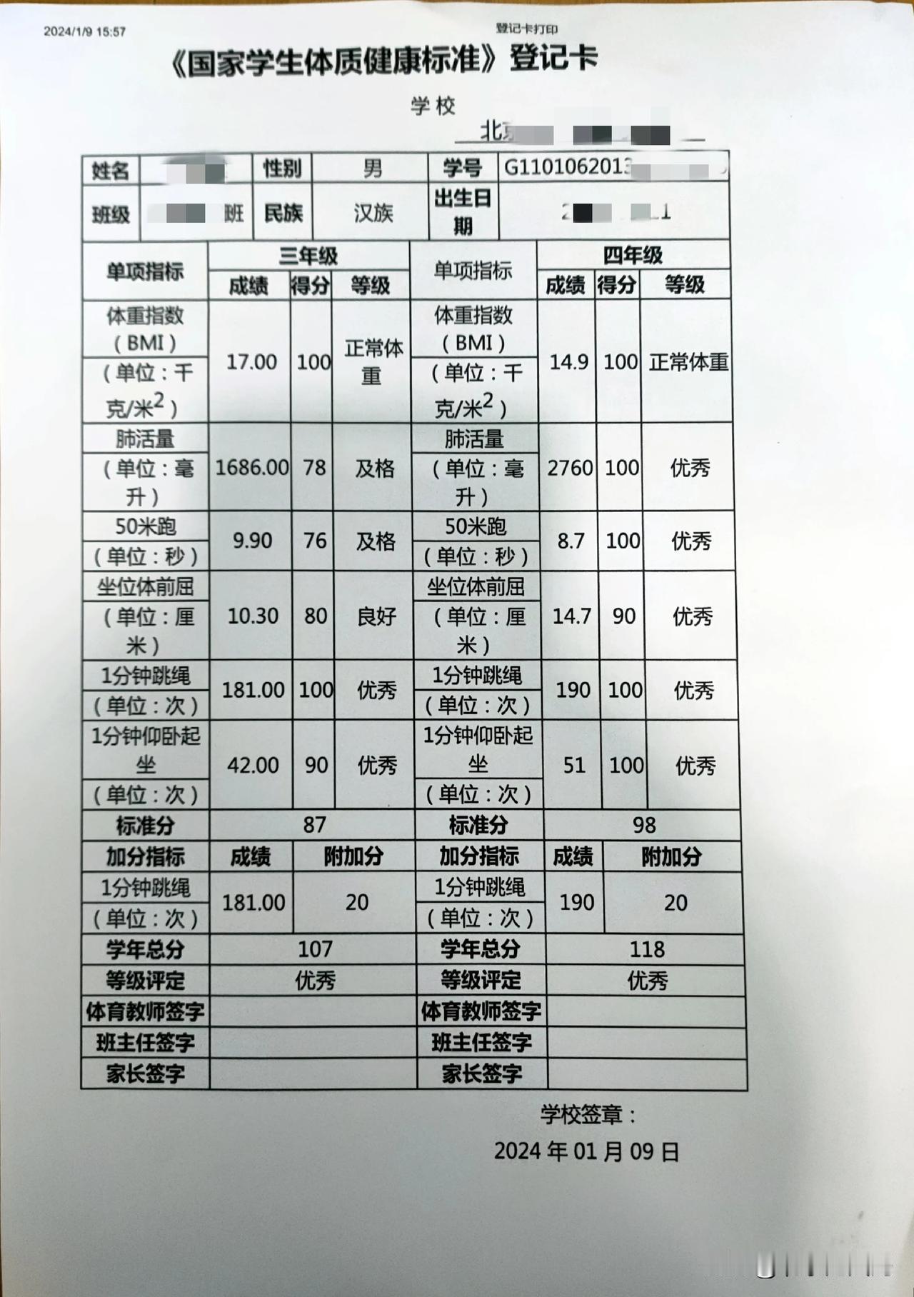 北京西城4年级小学生的成绩单，进步非常大，老母亲对这个成绩很满意。娃听说这次成绩