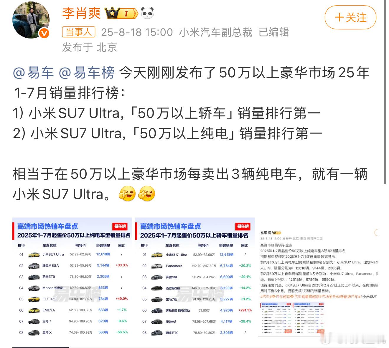 数据不会说谎，小米高管回应SU7Ultra销量SU7Ultra50万以上销量双第