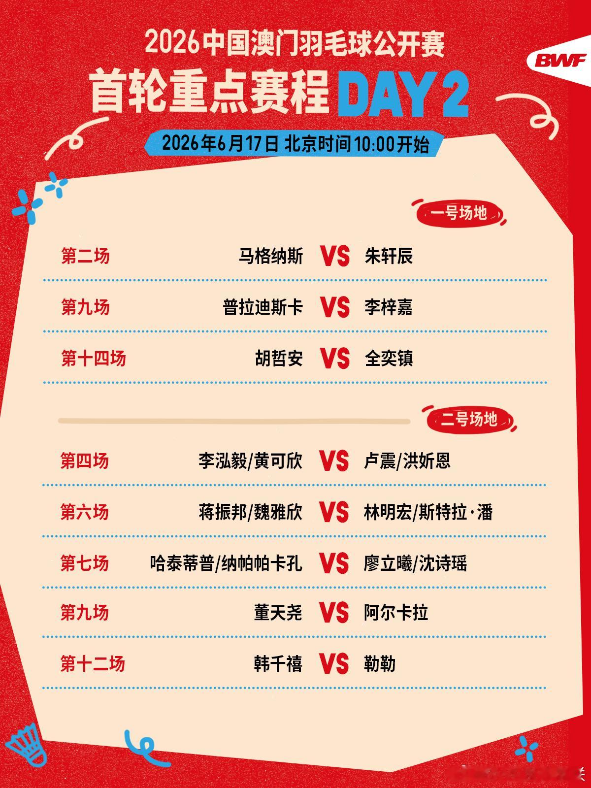 2026年中国澳门羽毛球公开赛 首轮重点赛程🔥第二日赛程 上午十点开打🏸焦点