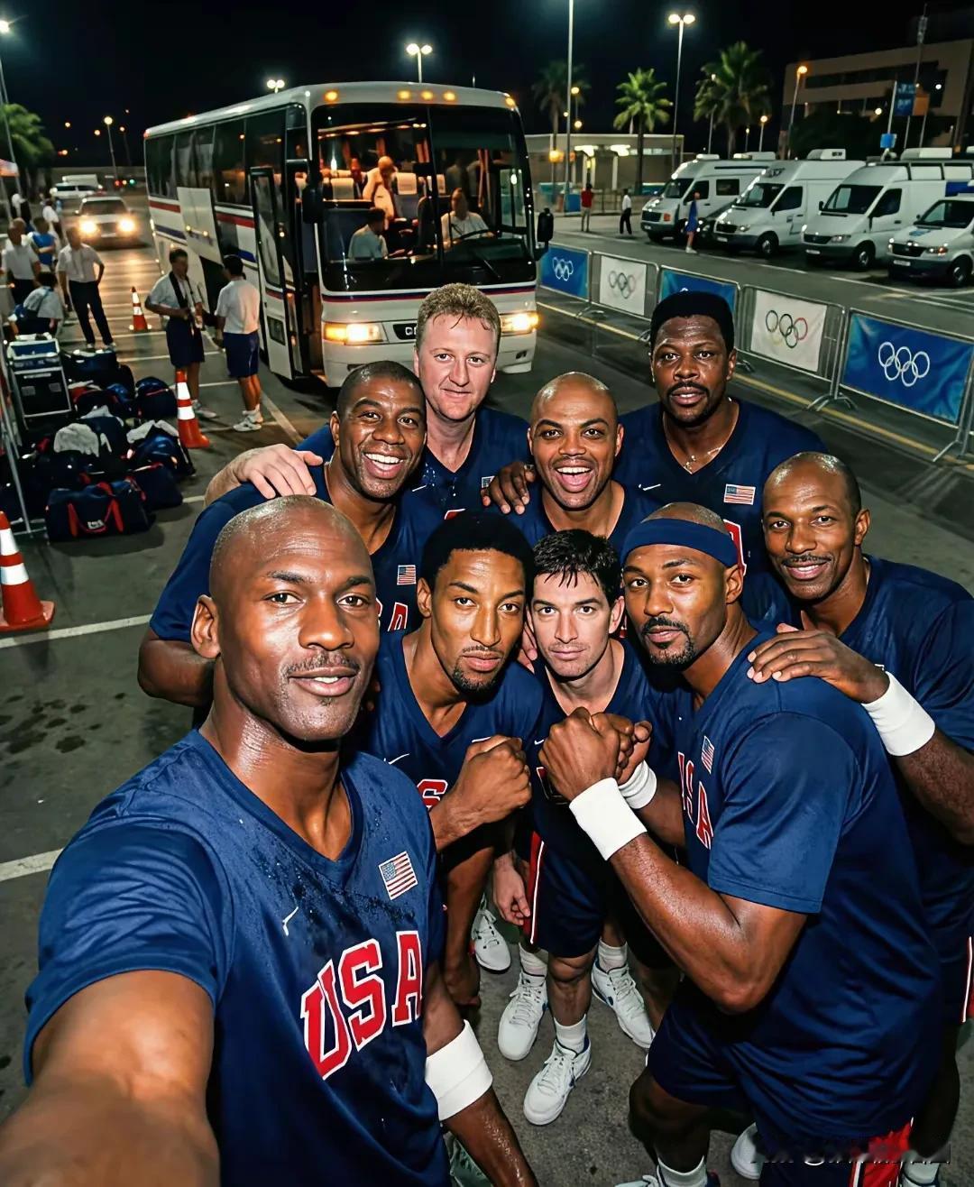 NBA老照片。
梦一球员自拍。
前一排：老流氓乔丹。
前二排：皮蓬、助攻王斯托克