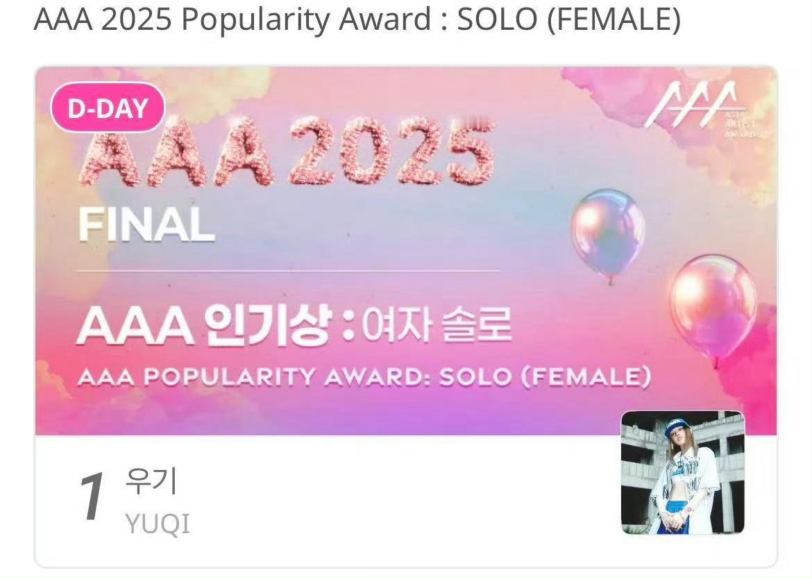 宋雨琦拿下AAA人气奖(女solo歌手部门)第一，又一个新的奖杯🏆 ​​​