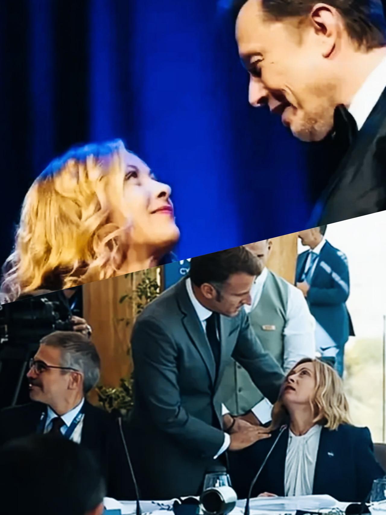 梅洛尼看向马克龙和马斯克时，几乎相同的姿势，却不同的表情和眼神啊！
梅洛尼看向马