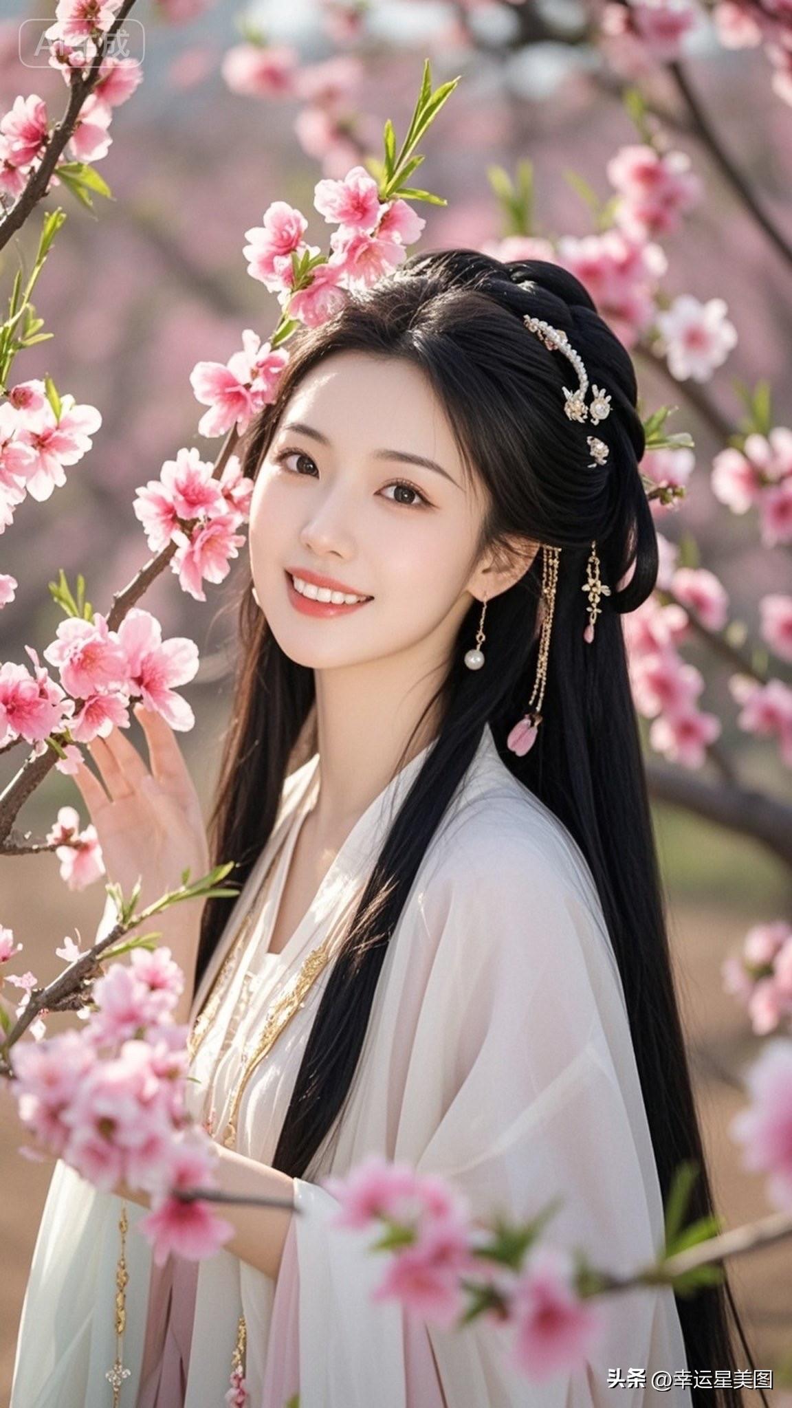 春日少女，花间漫步，古风雅韵，美不胜收。