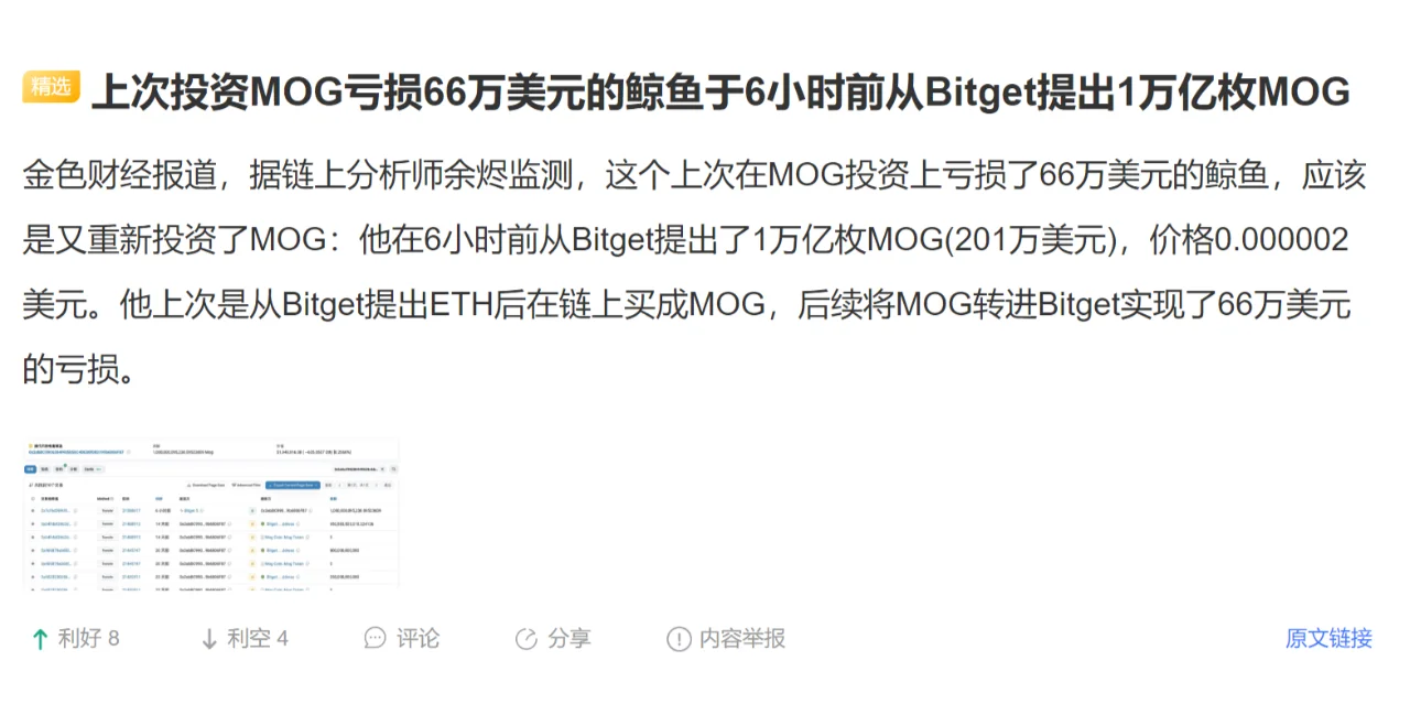 上次投资MOG亏损66万美元的鲸鱼于6小时前从Bitget提出1万亿枚MOG