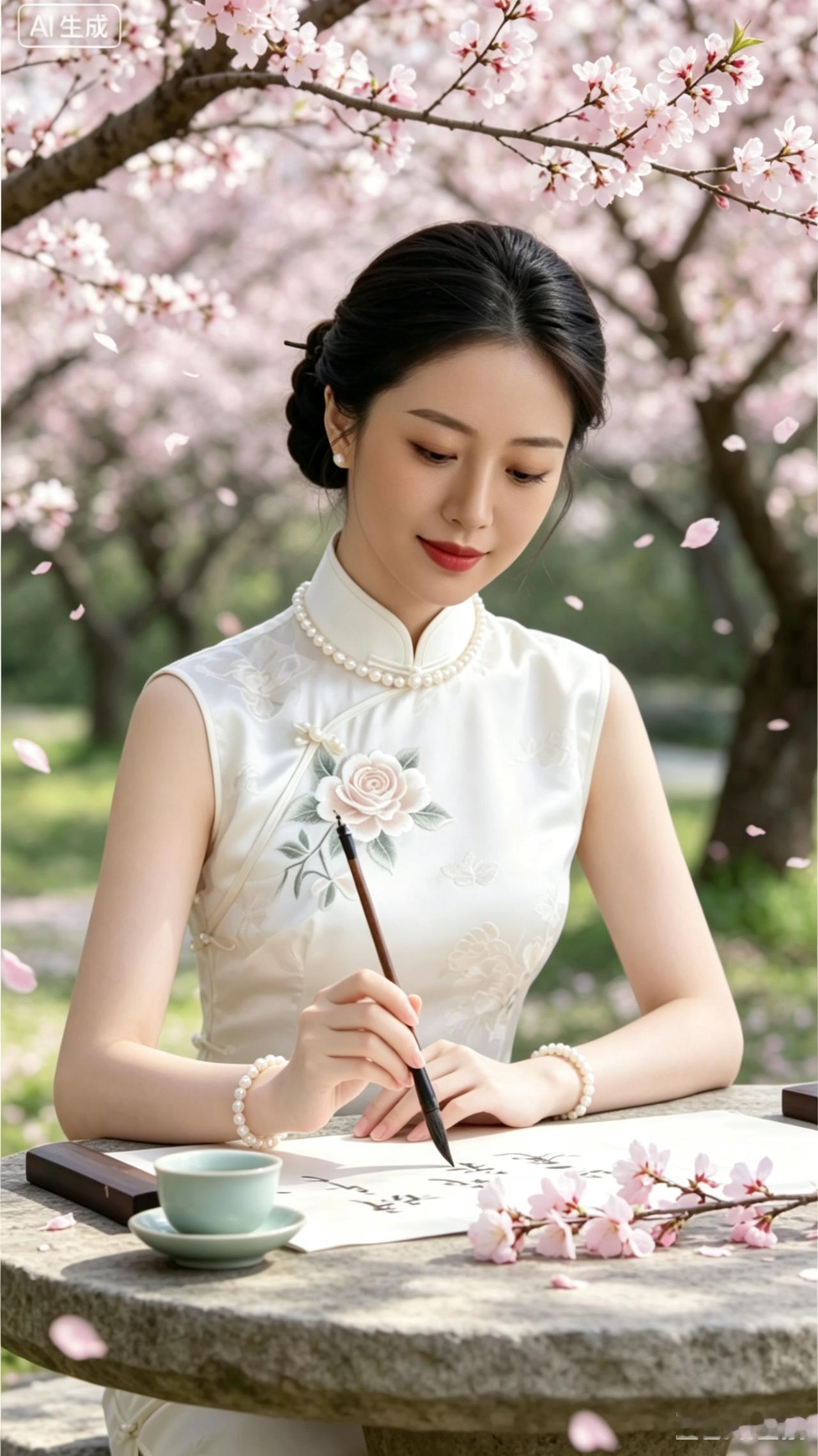 粉粉桃花铺满地，
姑娘旗袍洁如玉。
毛笔在握字翩跹，
模样温婉且秀丽。
周遭花香