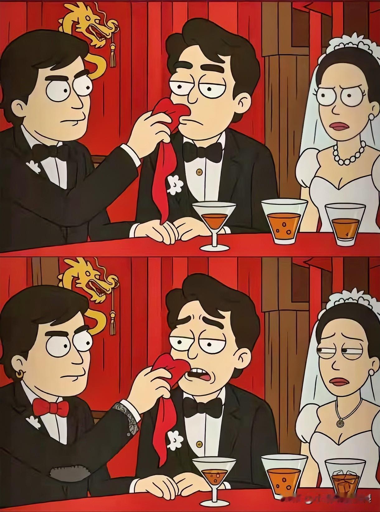 帅哥衬佳人，喜结连理缘
找不同 至少10处能找到吗[灵光一闪]

中式婚礼敬酒变