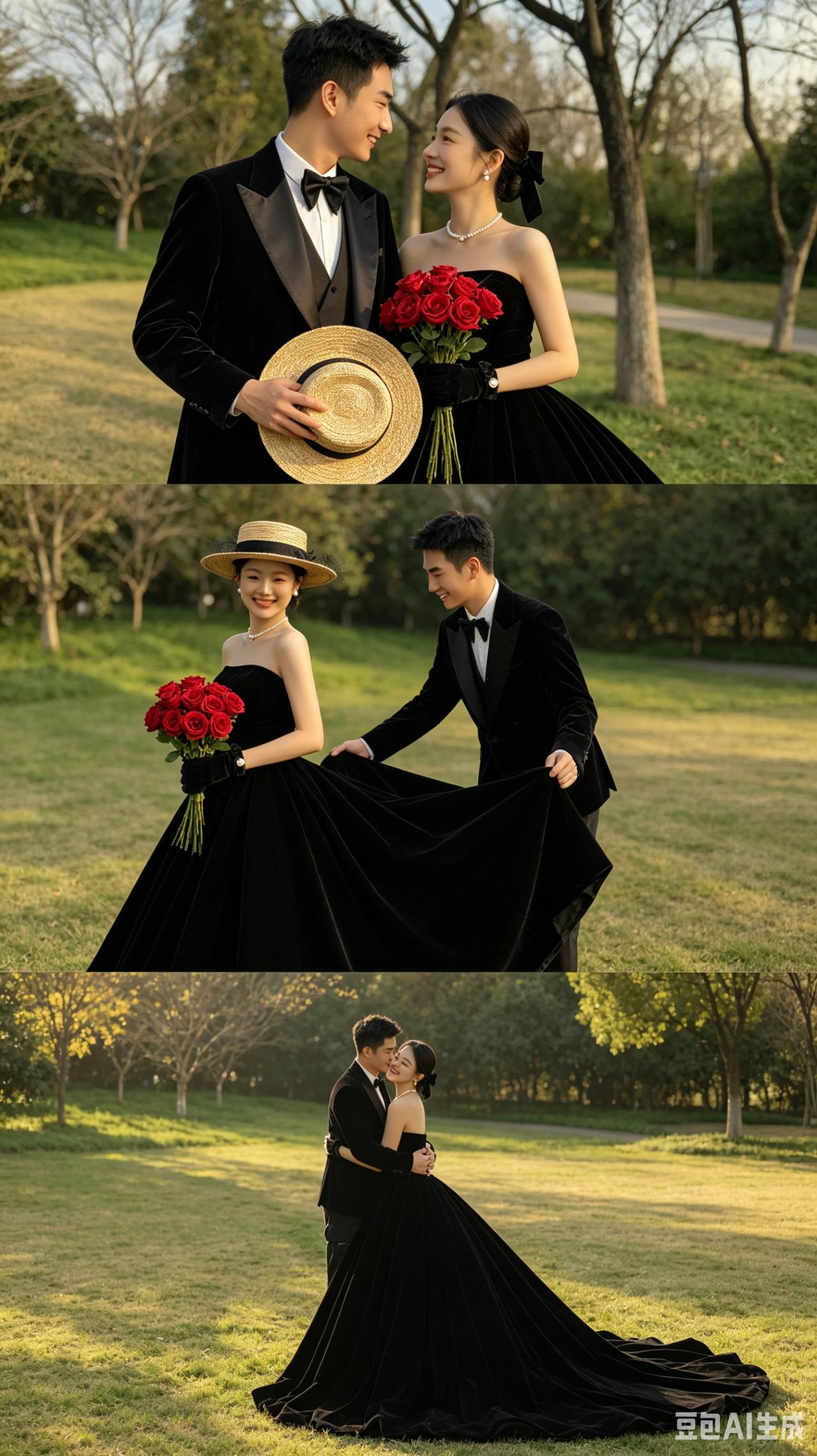 黑纱草坪婚誓
黑纱拖地草坪柔，法式柔光漫浅丘。
缎面西装衬英骨，丝绒婚纱裹娇羞。