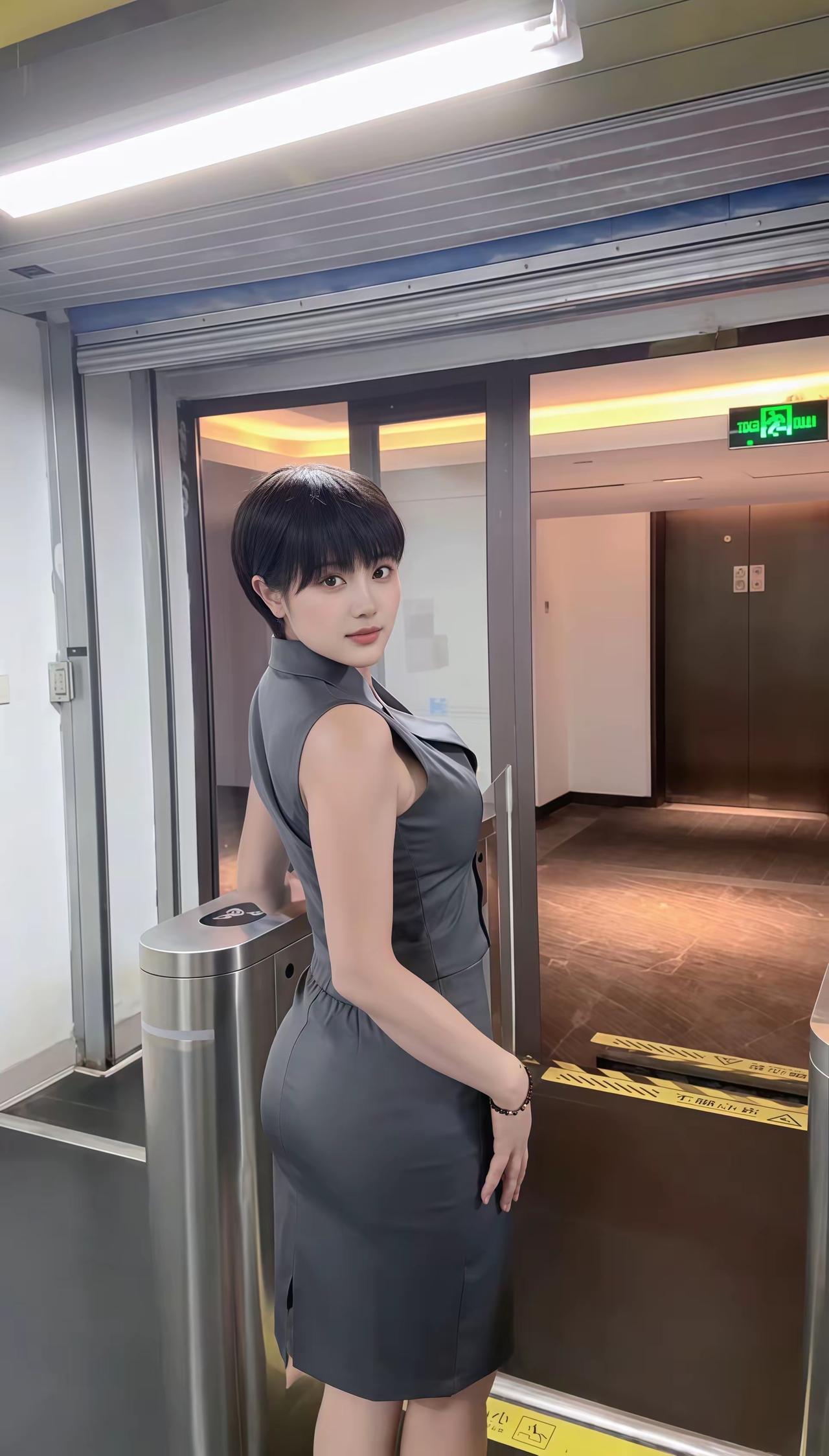 职业女性穿搭:短发显得干练，职业裙装更是把精英的气质拉满。身材更不用说一等一的顶