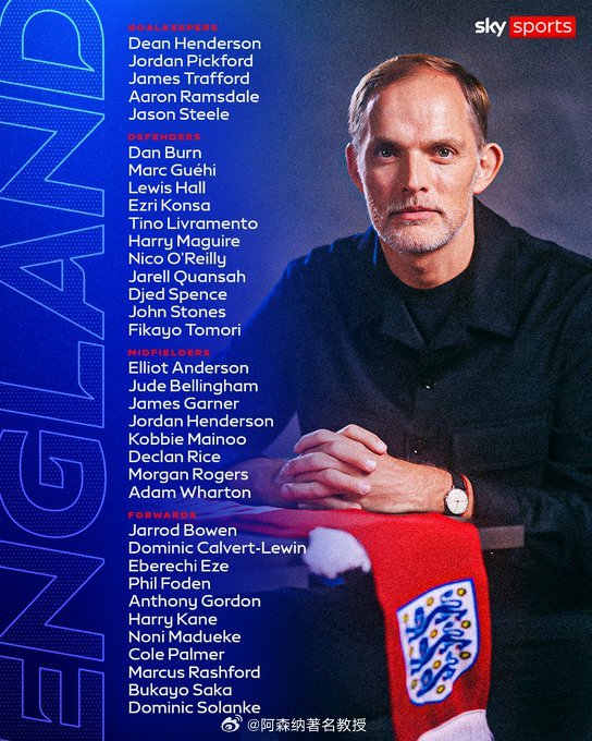 图赫尔公布了英格兰队参加与乌拉圭和日本国际比赛的35人名单，四位枪手赖斯、埃泽、