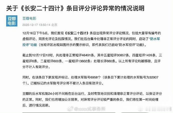 长安二十四计豆瓣回应评论异常豆瓣开启防水军控评快速处理刷分乱象，移除无效评论，平