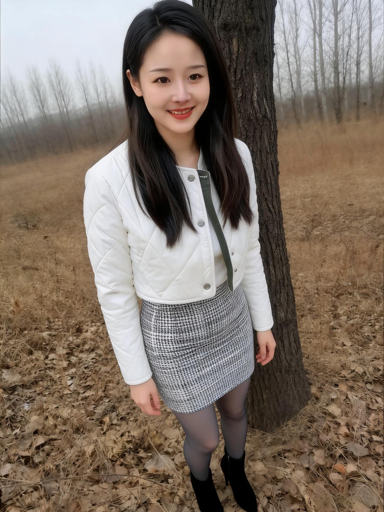 寒林凝暮霭，枯野立佳人。
白袄裁云薄，格裙织锦新。
丝轻笼玉腿，靴小踏芳尘。
笑