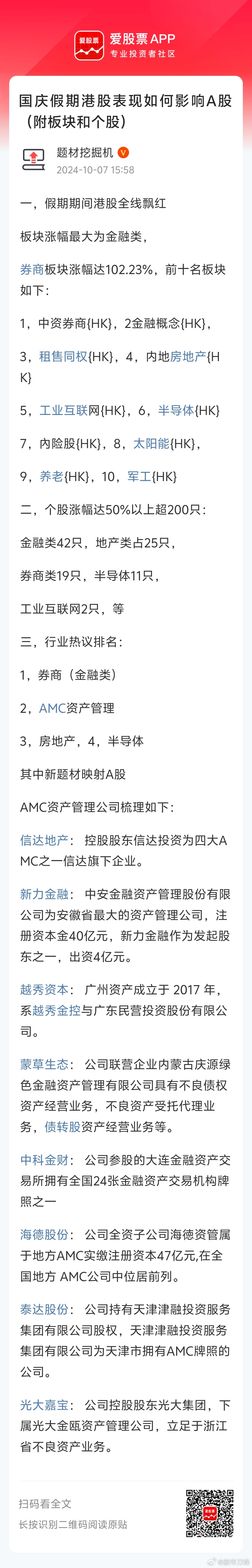 因为国庆假期，港股和A股有4天的时间差。利用这段时间差，两地股市“互为利好”（节