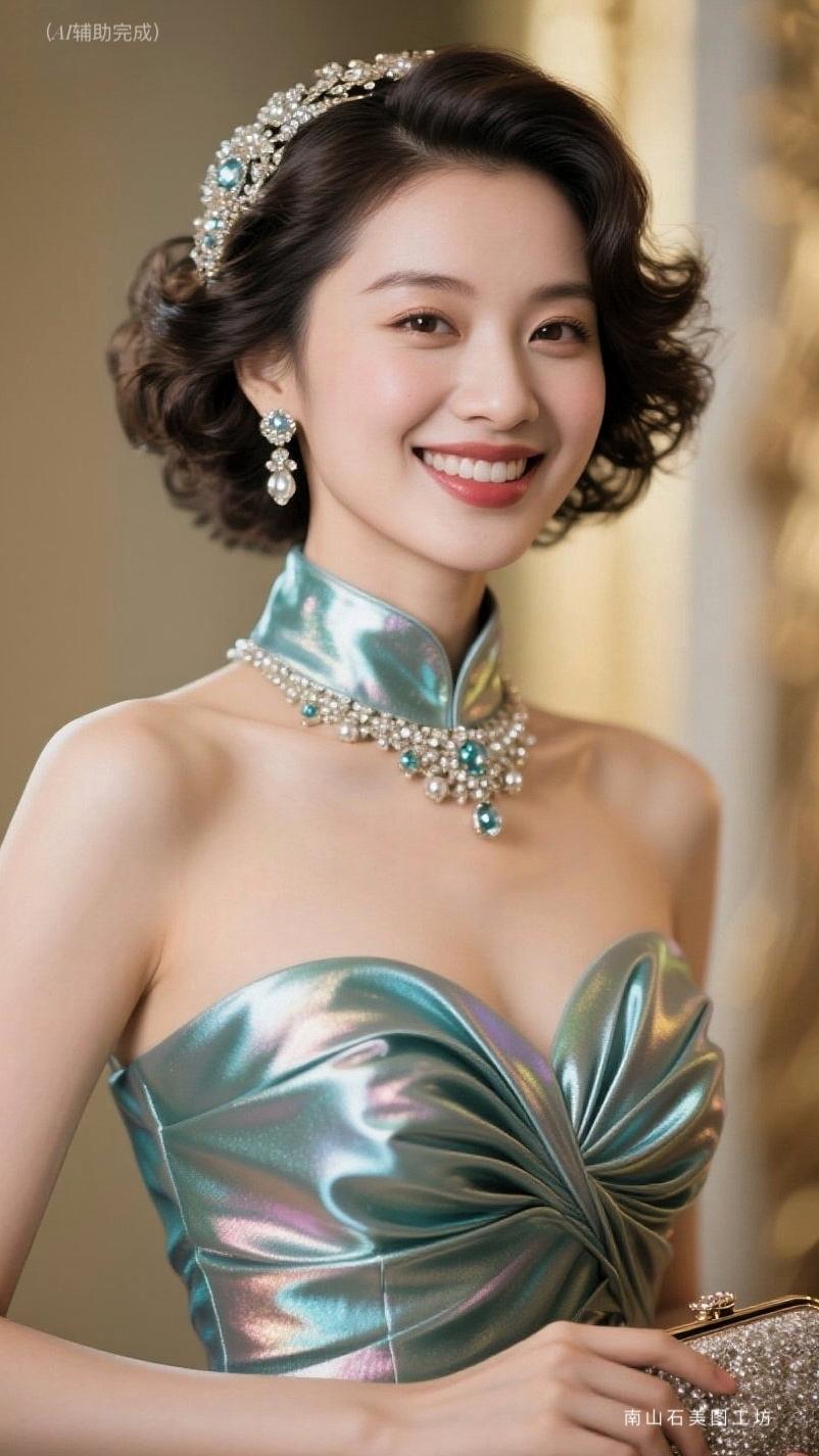 九帧同绘梦幻名媛。幻彩抹胸裙流光溢彩，复古卷发缀璀璨发饰，珠宝项链耳饰相映。眉眼