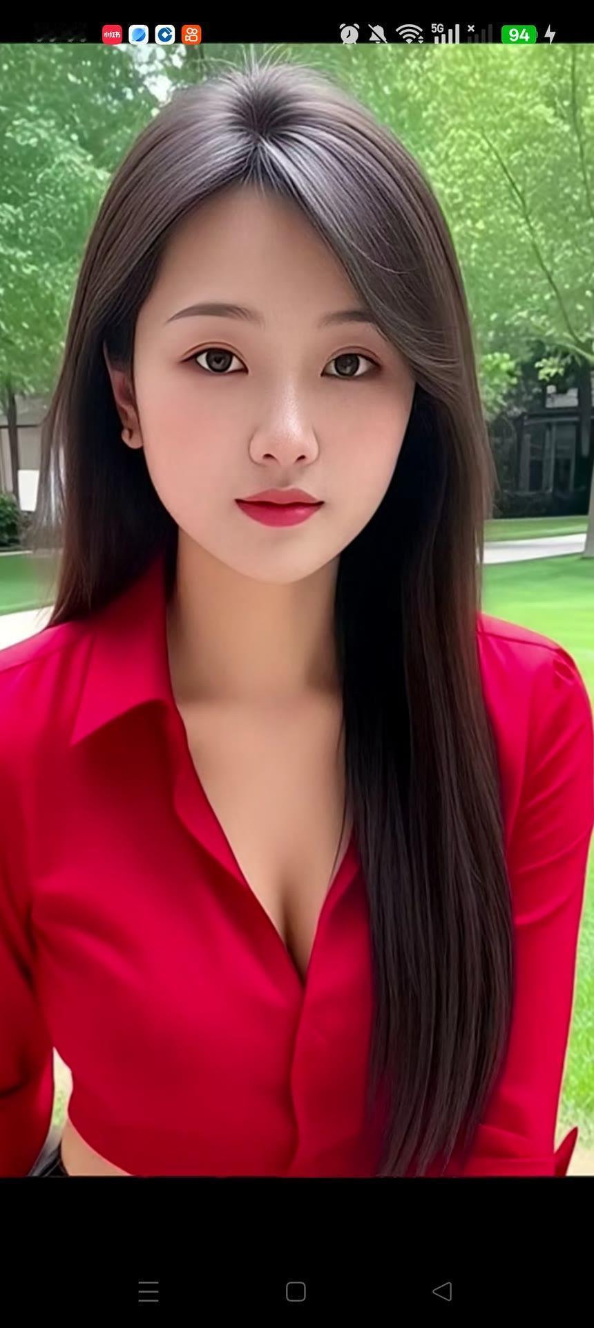 红色衬衫搭配绿意盎然的背景，清新自然，元气满满！🌿💃