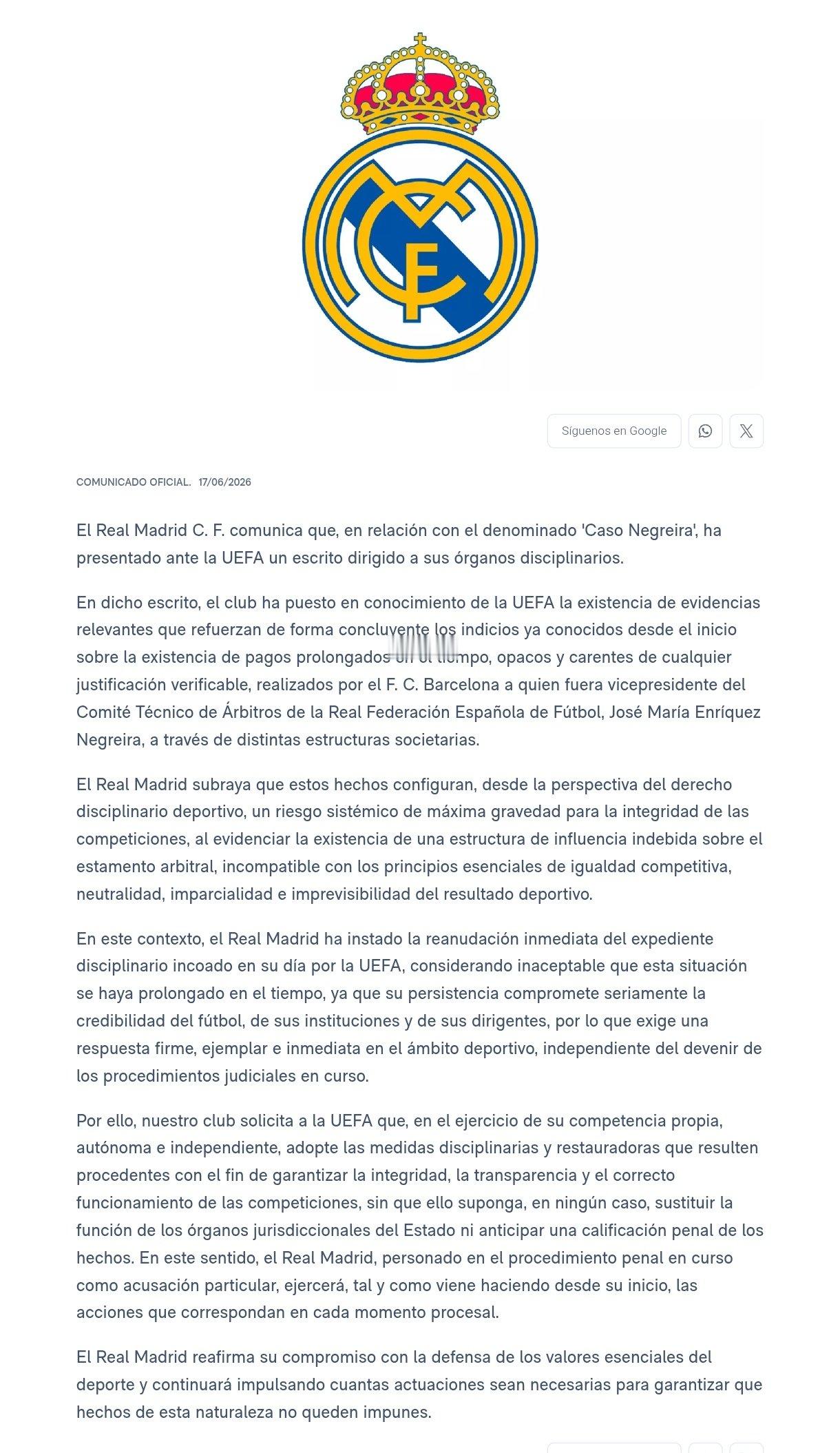 官方：皇马已就内格雷拉案件向欧足联提交相关证据证明！皇家马德里足球俱乐部声明，关