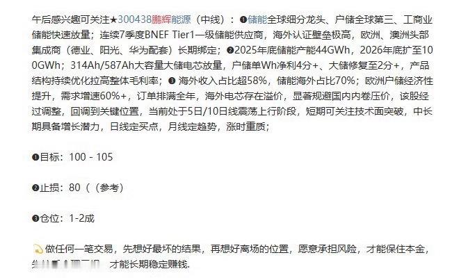 中登鹏辉能源300438📈今天走的很稳 