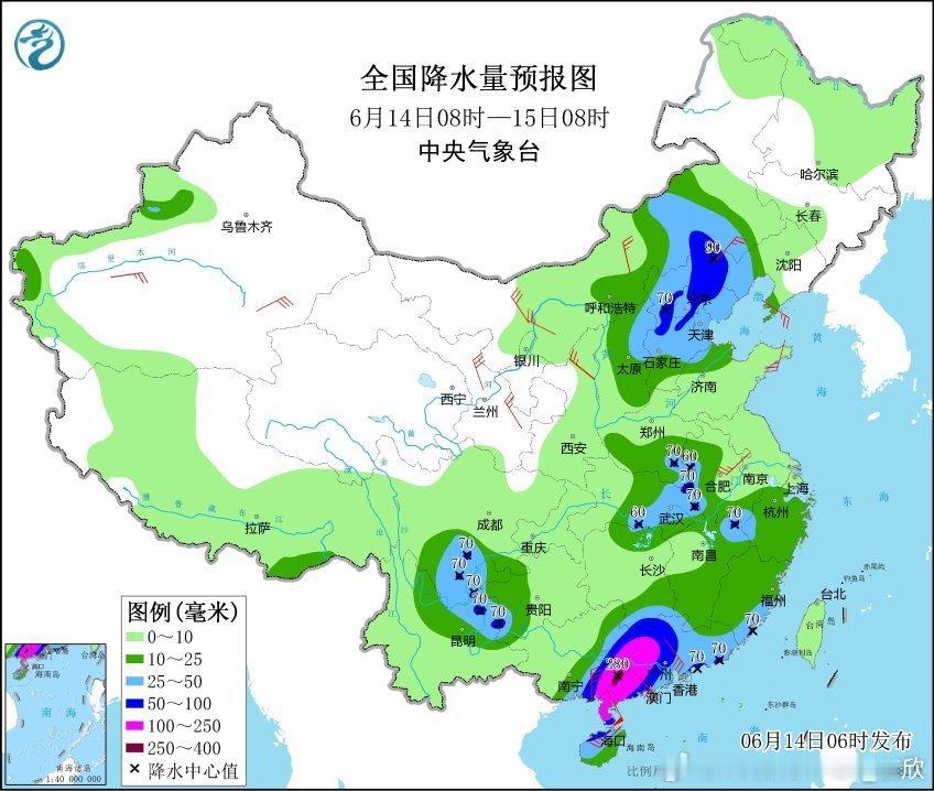 【华北华南强降雨具有极端性】今天在广西东部、广东西部，河北北部和内蒙古中南部一带