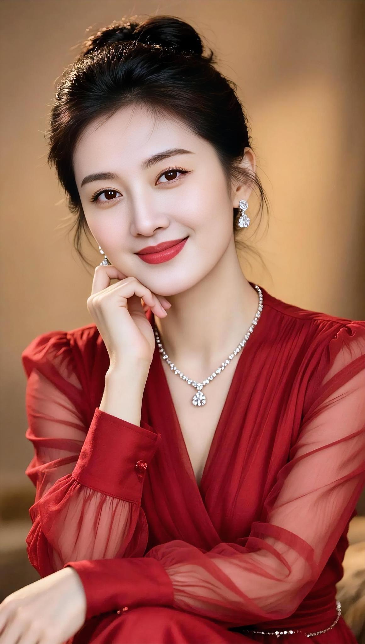 红纱轻笼着暖光，

发髻挽住旧时光。

手托腮边笑意软，

钻坠在颈间轻响。
