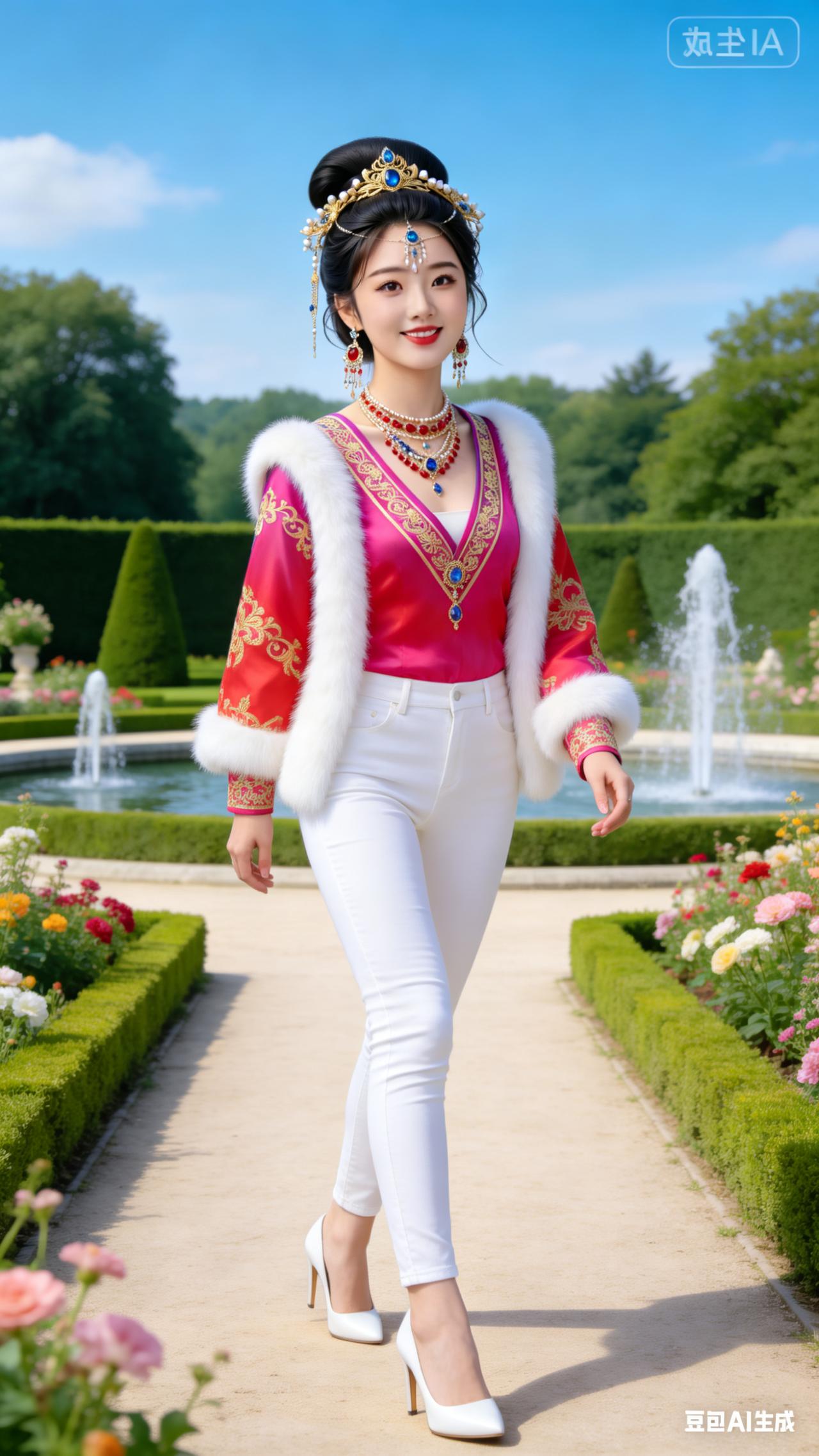 头戴花寇的美女身着红粉色上衣，搭配珍珠项链与宝石耳坠，下身白色紧身休闲裤与白色高