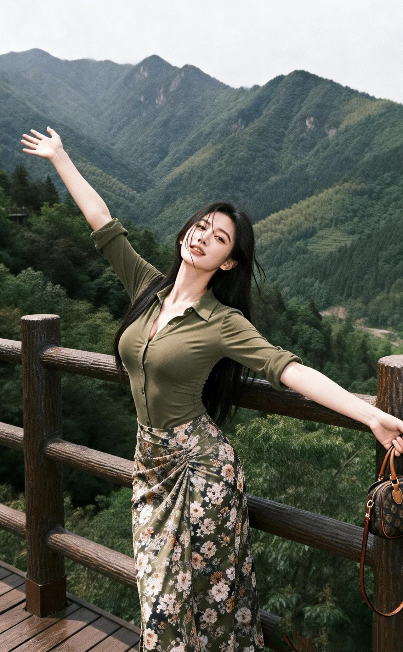 《山风与她》
 
她倚着木栏，把山光揽进臂弯
橄榄绿的衬衫，洇着雾的微寒
纽扣扣