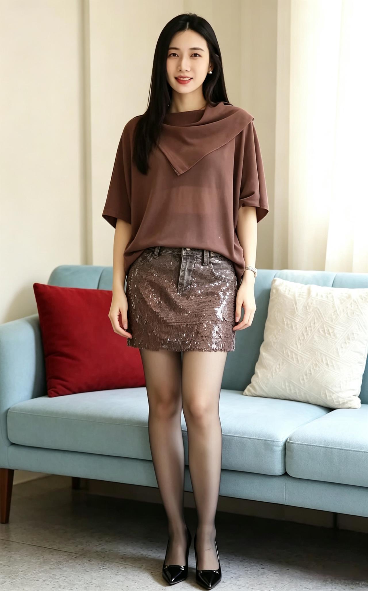 棕调的温柔裹着肩线，
亮片裙缀着细碎的光，
像晚风揉碎的星，落在裙角。
 ～
黑