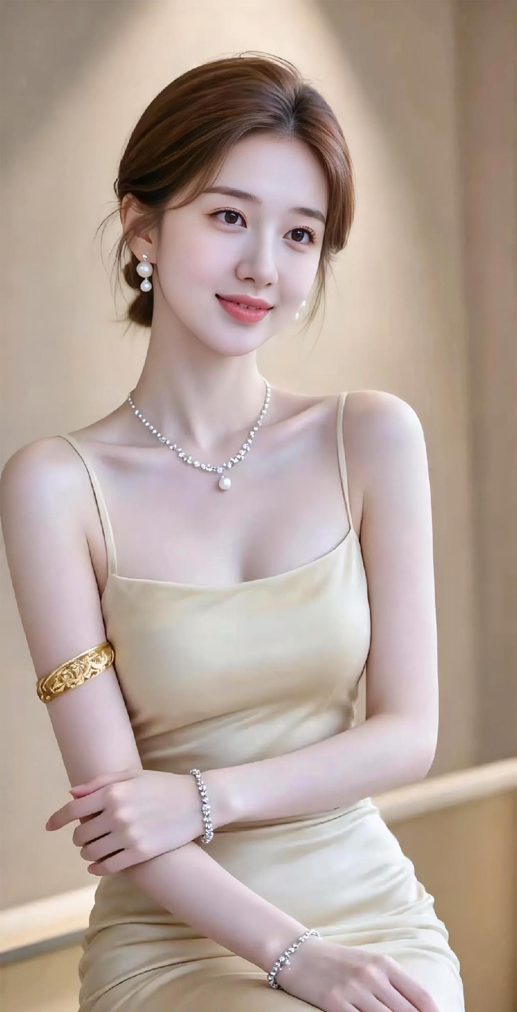 暖光轻轻落，

你坐在柔柔的时光里。

珍珠绕颈间，

金臂钏映着笑意。

浅杏