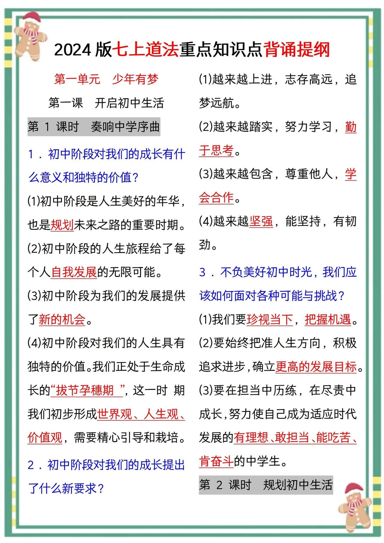 24新版七上道法重点知识点背诵提纲，#初中道德与法治。