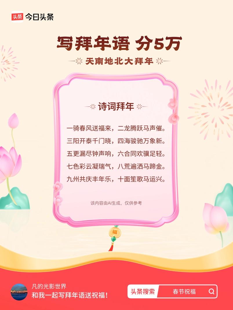 三阳开泰千门晓，四海骏驰万象新。 五更漏尽钟声响，六合同欢骥足轻。 七色彩云凝瑞