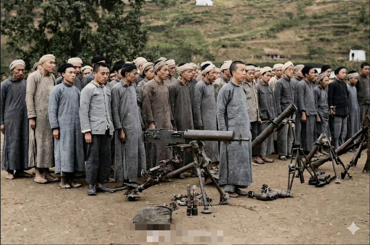 1950年10月25日，川黔湘鄂边区土匪武装向解放军缴械投降。

照片中60余名