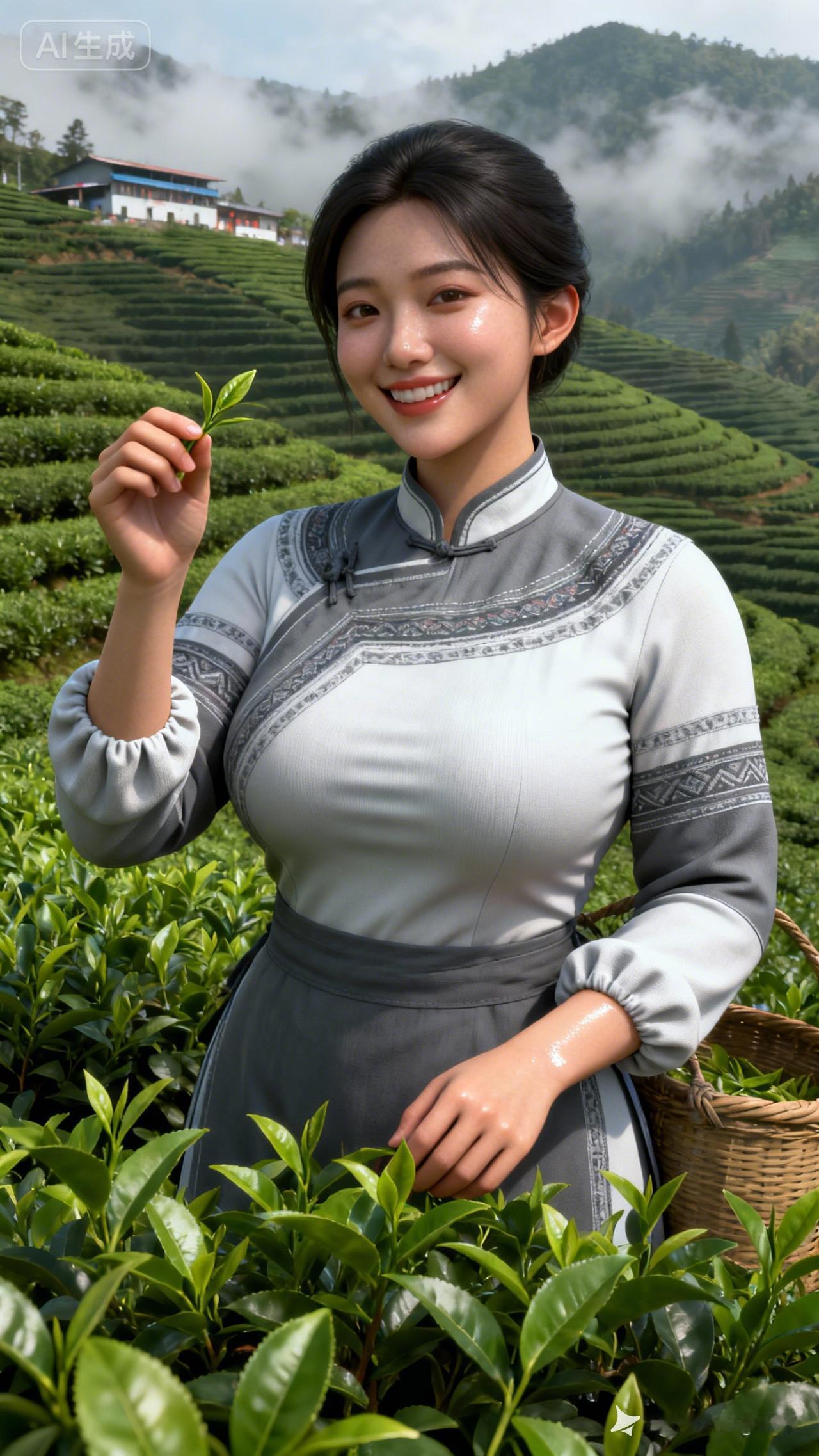 在茶园里，一个女孩拿着茶叶微笑。